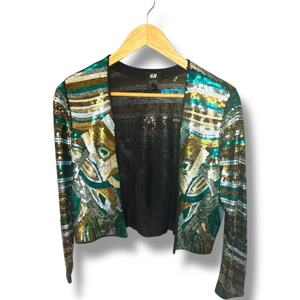 H&M Sequin Jacket Green/Gold Size S - Picture 3 of 5